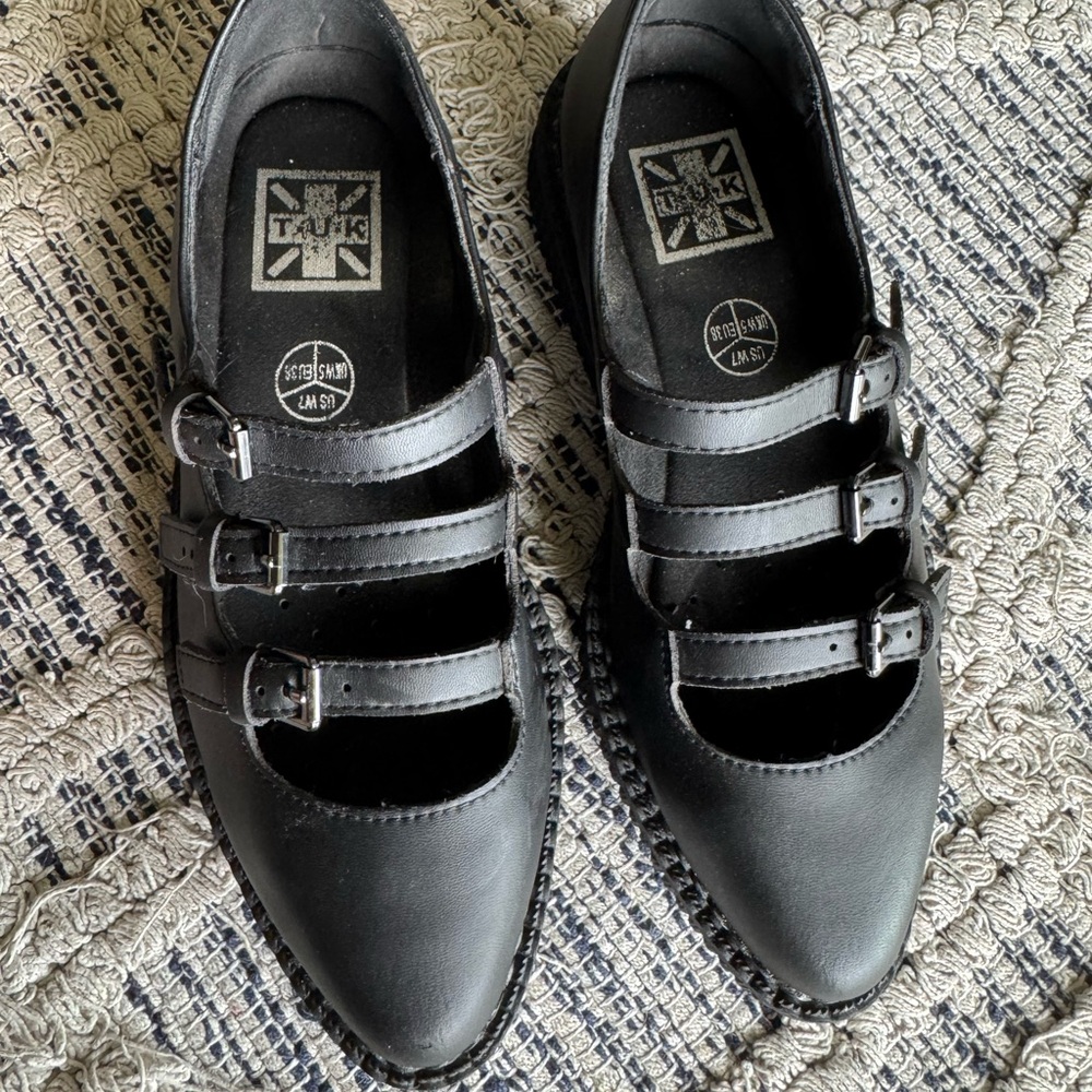 T.U.K Black Triple Strap Flats